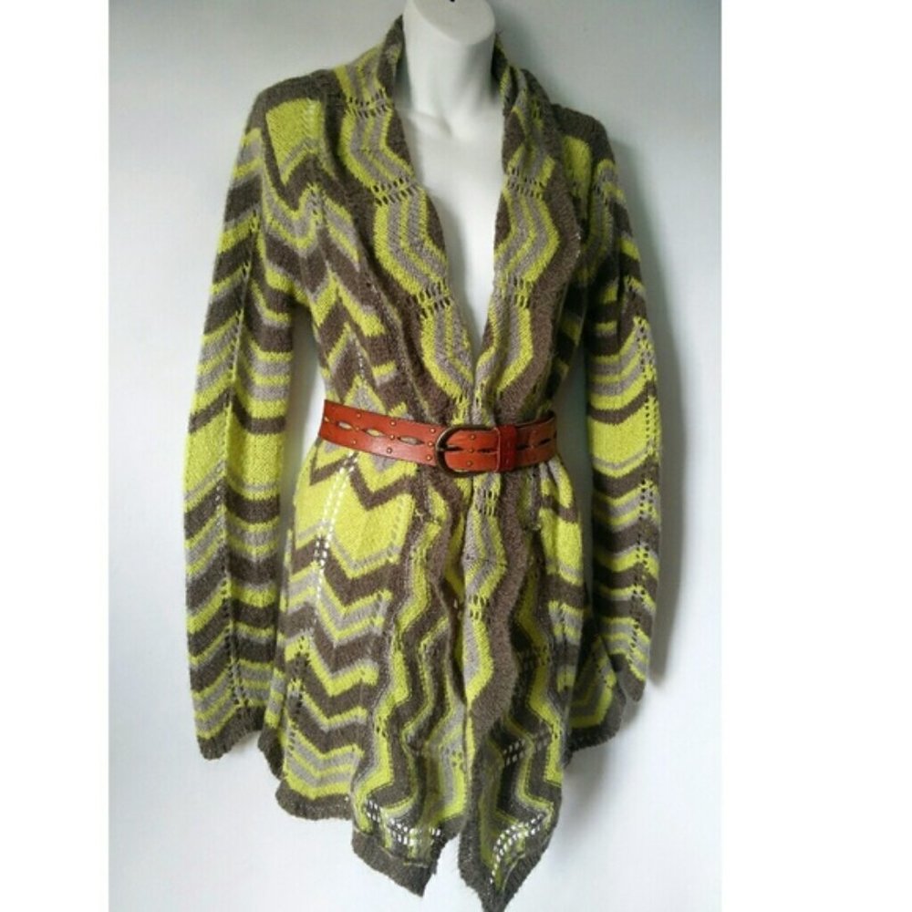 Bcbgmaxazria zigzag open front knit green cardigan Retro Revival Maximalist 70s